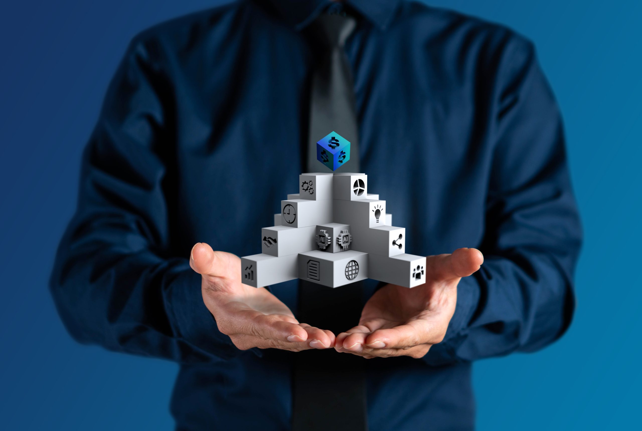 Businessman show management stair icon of business for money